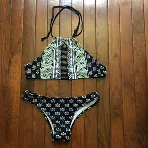 Black and green patterned halter top bikini